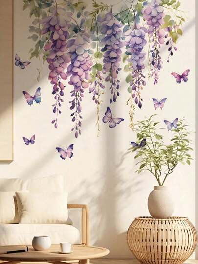 2pcs Purple Floral Vine & Butterfly Wall Stickers, Decorative Self-Adhesive Mural Painting For Living Room, Entrance, Bedroom
