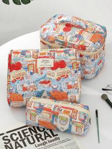 3 件/套兔子家庭绗缝包拉链包化妆包，时尚休闲时尚便携式化妆包，多功能，大容量大储物袋，可装钱包、口红、卫生巾、袋垫、硬币、钥匙、有线耳机、电缆、充电器、耳机、可爱洗漱用品收纳袋、旅行储物袋，适合女士、糖果、护士、女学生、节日礼物。