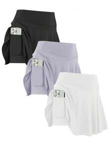 3pcs/Set Women Sports Skirt, Casual High Waist Workout Leggings, Running Shorts With Pockets Faux 2 Pieces Design - 黑白灰 - 查看 1