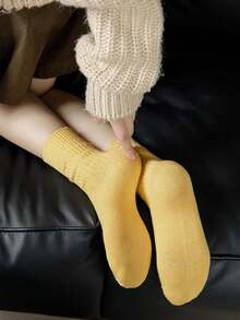 1 双/5 双芥末黄舒适柔软休闲简约浪漫成熟女性瑜伽运动中筒袜，秋季袜子 - 芥末黃 - 查看 2