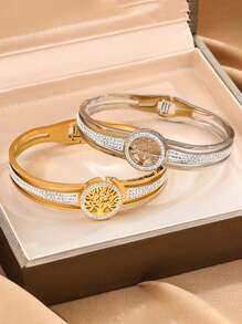 1pc 18K Gold Plated Stainless Steel Fashion Tree Of Life Bracelet, Elegant Accessory