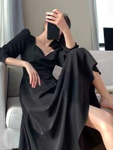 Vestidos largos de mujer Hepburn vintage cuello en v largo temperamento vestidos largos - Negro - Ver 6