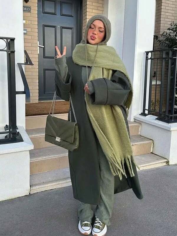 1pc Solid Color Scarf, Winter Warm Neck, Thickened Wool Knitted Thick Fringed Shawl, Can Be Worn