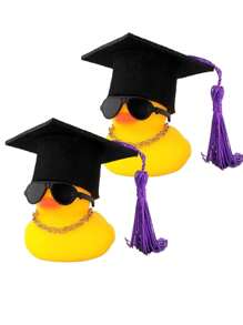 2pcs Stylish Yellow Duck With Black Hat And Bow-Silicone Car Dashboard Decoration Accessories, Couple Duck Car Decoration, Yellow Duck Decoration-Unique Gifts For Graduates, Car Ornaments, Car Interiors