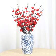 4/12pcs Artificial Red Plum Blossom Flowers, Fake Winter Jasmine Long Stem Plastic Flowers For Home, Hotel, Office, Wedding, Party, Garden Decor - Red - View 1