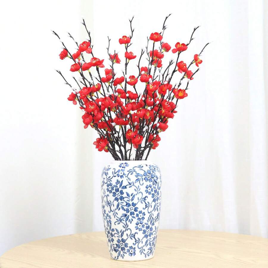 4/12pcs Artificial Red Plum Blossom Flowers, Fake Winter Jasmine Long Stem Plastic Flowers For Home, Hotel, Office, Wedding, Party, Garden Decor - Red - View 1