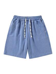 Blueplus Solid Color Casual Shorts With Drawstring Waist And Comfortable Fit For Both Sports And Leisure Wear - 藍色 - 查看 2