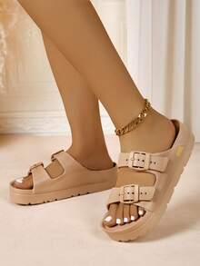 Dép sandal đế dày thời trang mới cho nữ, chất liệu EVA nhẹ, thoải mái, mềm mại, bền, quai đôi có thể điều chỉnh, dùng ở nhà, tiệc tùng, đi biển, đi làm, chống sốc - màu nâu - Xem 3