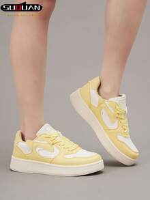 1 Pair Women's Lace-Up Casual Sneakers, New 2025 Model, Versatile Sports Shoes, Thick Sole Skateboard Shoes - Yellow - View 6