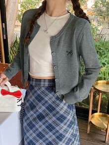 韩版灰色开衫配刺绣蝴蝶结针织外套，长袖外套 - 灰色 - 查看 4