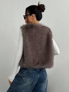 女士仿皮草背心，秋冬短款 - 欧美街头风格，蓬松质感，提升您的OOTD，时尚爱好者的最爱！ - 棕色 - 查看 4