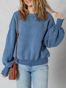 Acelitt Winter Women's Solid Color Plush Off Shoulder Bat Sleeve Patchwork Casual Round Neck Sports Shirt