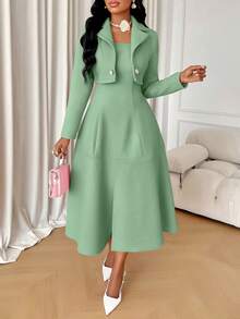 AIJ Amarilo 女士优雅法式时尚纹理短外套和 A 字吊带裙套装两件套 - 淺綠色 - 查看 4