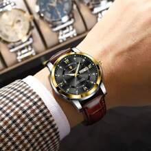 正品 POEDAGAR 手表（原装）顶级奢华男士手表 50 防水日期星期防水夜光皮革男士手表休闲男士手表运动男士石英表日本进口石英机芯返校必备礼物父亲兄弟