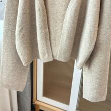 Women Autumn And Winter New Oatmeal V-Neck Long-Sleeved Knitted Cardigan, Elegant, Casual Loose Cardigan, Daily, Holiday, Dating, Graduation, Back To School - Khaki - View 8