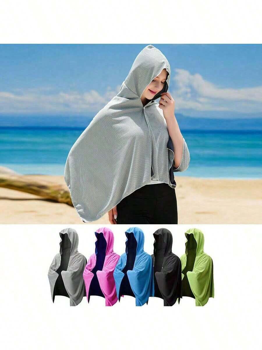 1 pieza Capa de enfriamiento con gorra, súper absorción, secado rápido súper fino de doble color de fibra de carbón de bambú frío, utilizado para deportes al aire libre, protección solar, playa, fitness, senderismo y otra protección solar prolongada, capa. Textiles de tecnología moderna, tejido de dos colores, 100% poliéster, excelentes toallas de playa de enfriamiento para clima caluroso. - Multicolor - Ver 1