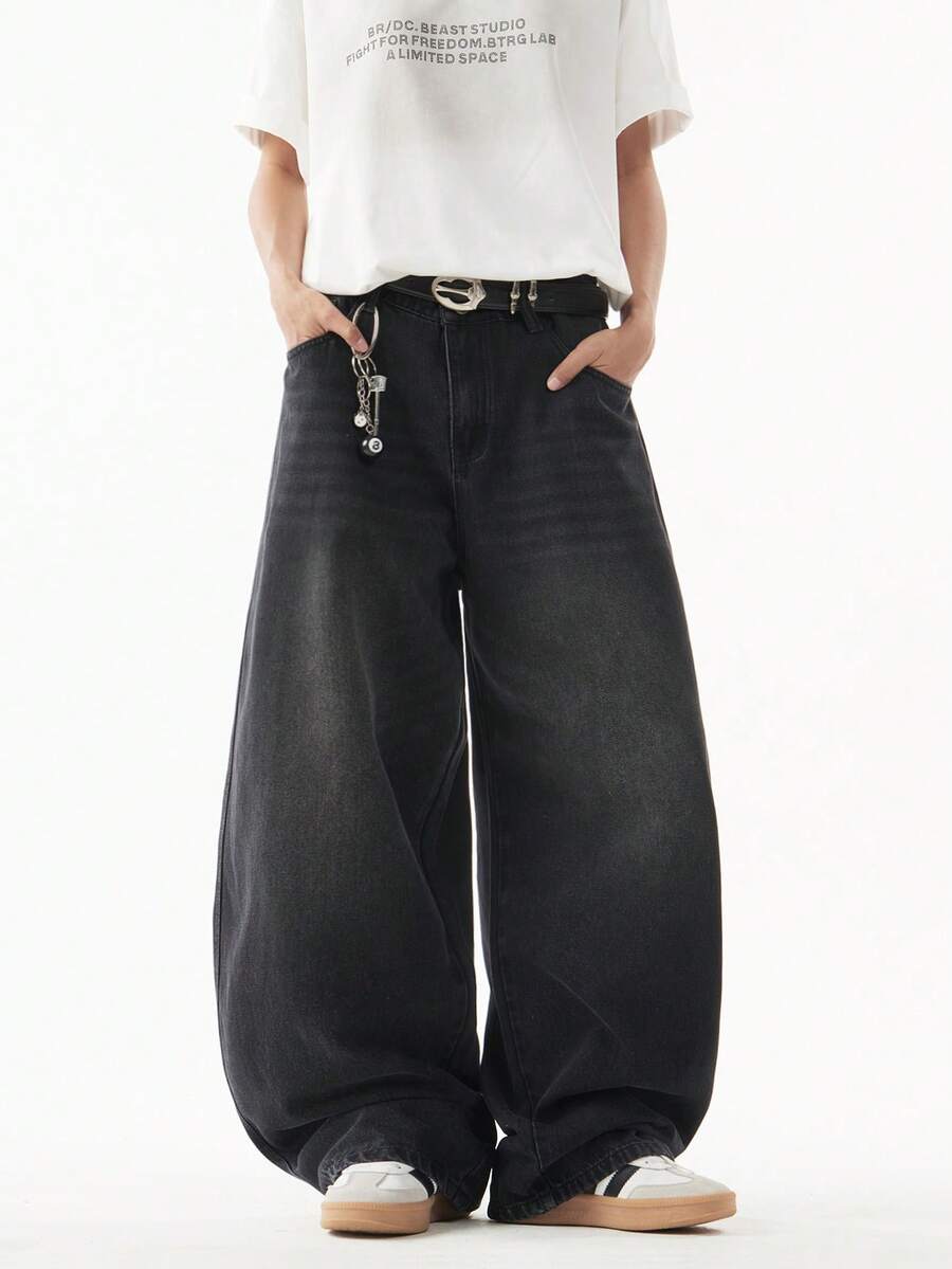 1pc Justice Brother Vintage Washed Loose Fit Wide Leg Jeans, Casual & Couple Style (With Distressed Hem) - Black - View 1