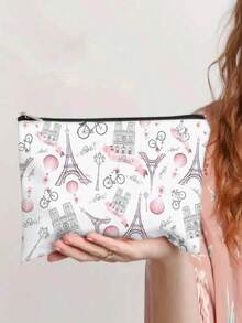 1pc Cartoon Romantic Paris Eiffel Tower Pattern Makeup Bag, Charger Storage, Gift For Friends - Multicolor - View 2