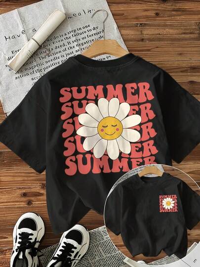 Women's Casual Short Sleeve Crew Neck T-Shirt - Double-Sided Summer Letter And Floral Pattern, Black With Red And Pink Design, Breathable And Machine Washable Top, Spring And Summer Clothing, Non-Transparent Fabric, Durable Pattern, Adult Size