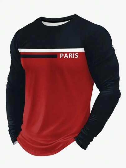 男士“PARIS”印花撞色长袖圆领T恤，休闲舒适上衣，可作为礼物，秋季