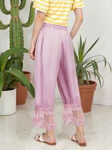 Women Lace Trim Bloomers Casual Elastic Mid Rise Ruffle Cropped Pants Loose Slips Trousers Comfort Bottoms - Pink - View 6