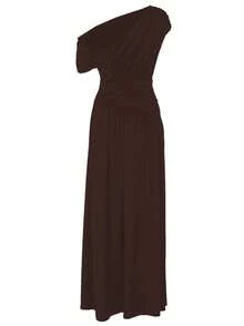Women's Solid Color Oblique Neck Ruched Long Dress, Fitted And Slimming, Elegant And Sexy Party Dress - Brown - View 5