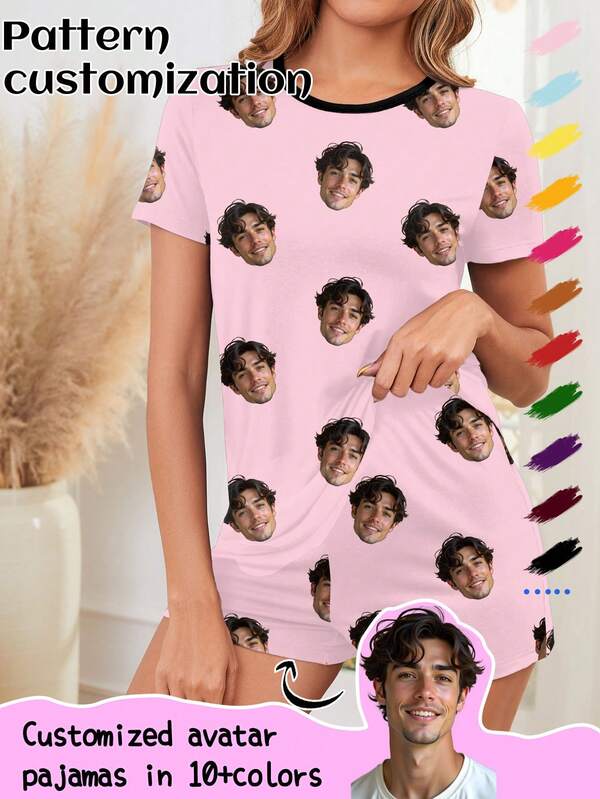 Customized Women Sleepwear Set, Unique And Novel Photo/Portrait Print, Couple Matching, Festive,Dawg,Colorful,Cute,Adorable,Contracted,Funny,Custom,Unique,Customized,Personalized,Ideal Gifts For Him,Ideal Gifts For Her,Boyfriend,Girlfriend,Family,Friends,Her,New Year's Eve Outfit
