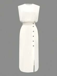 Women's Button Slit Round Neck Bodycon Mid-Length Dress, Solid Color, Elegant, Woven Fabric, Summer - White - View 8