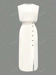 Vestido midi ajustado de cuello redondo con abertura y botones, de un solo color, elegante, de tela tejida, para verano