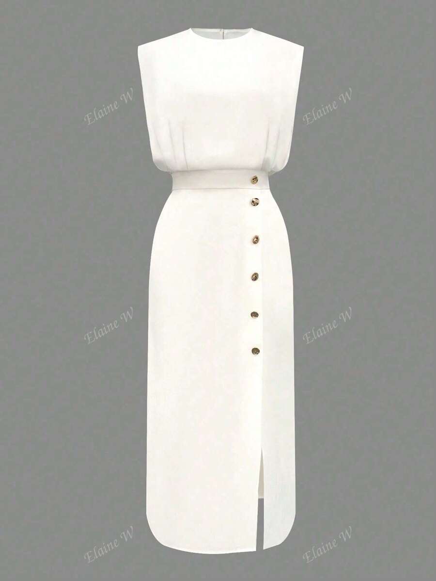 Vestido midi ajustado de cuello redondo con abertura y botones, de un solo color, elegante, de tela tejida, para verano