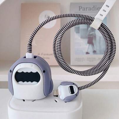 Set de 5 piezas de estuche protector con diseño de tiburón de dibujos animados en gris, compatible con cargador y cable Apple 18/20W, incluye cubierta para adaptador de cargador, protector de cable, organización de cable, anti-arañazos, anti-colisión, anti-suciedad