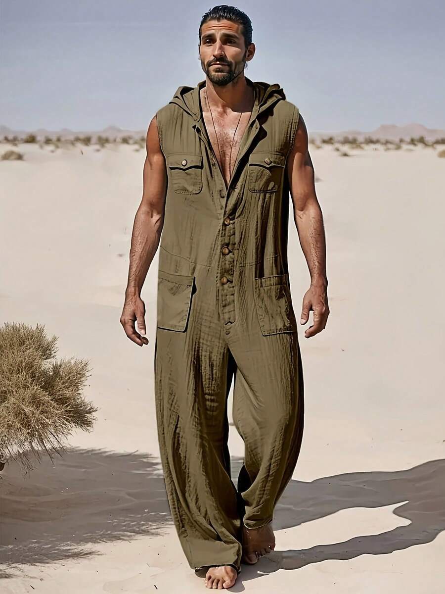 Men's Jumpsuit Cotton And Linen Loose Hooded Jumpsuit - màu xanh lá - Xem 1