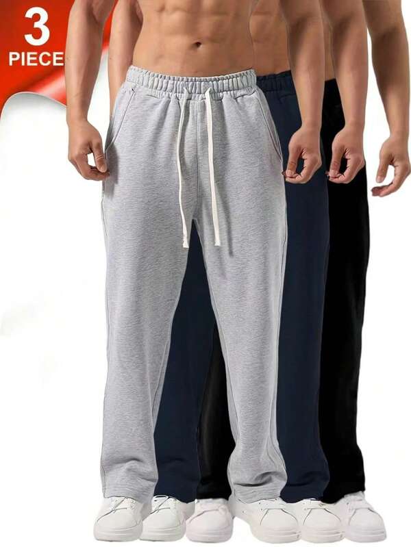 3pcs Black + Dark Grey + Light Grey Fashion Casual Sports Drawstring Waist Straight Leg Pants, Men's Regular Fit Sweatpants, Joggers, Gift For Men