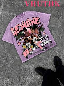 VHUTHK (220 Pure Cotton T-Shirt) 'GENUINE' Letter And Portrait Print, Suitable For Men's Casual, Comfortable, And Fashionable T-Shirt, Street Style Cotton - 紫羅蘭色 - 查看 1