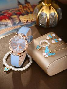 Conjunto de 6 peças de relógio de quartzo feminino elegante, casual, estilo universitário, com colar de pérolas e borboletas, pulseira, brincos e anel, várias opções de cores, presente para irmã combinando, adequado para uso diário, presente perfeito para ela na volta às aulas - Ouro - Ver 3