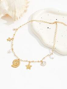 1 chiếc vòng cổ bện phong cách Bohemian, hoa đại dương trắng, rùa, ngọc trai giả, vỏ sò, sao biển, giọt dầu, mặt dây chuyền hình vỏ sò quạt - Vàng - Xem 4