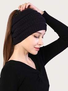 Damen Herbst/Winter Polyester Lässig einfarbige Strick Pferdeschwanz Beanie Mütze, einfach und modisch