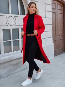 Damen Neuer einfarbiger langer Freizeitmantel mit Doppeltaschen und Gürtel, geeignet für Partys, Alltag, formelle Abendanlässe im Herbst/Winter