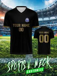 2025 Customized Sports Jersey, Men's V-Neck Football Training Shirt, Breathable Quick-Dry Top With Front & Back Printed Name, Number, Logo, Comfortable Fit For Daily, Casual, Party, Gathering - Multicolor - View 2