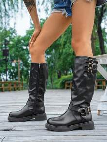 秋冬女士时尚及膝靴，优质PU材质，侧拉链，纯色，法式英式马靴。优雅精致的皮带扣和铆钉装饰，时尚酷炫的西部靴，松紧带 - 黑色 - 查看 5