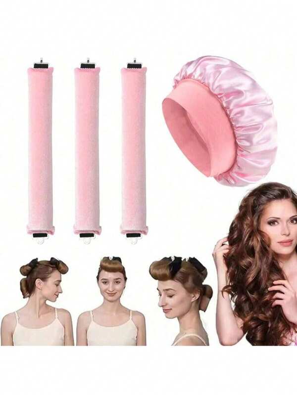 4 Piezas Juego de Rizado de Cabello: 1 Gorro con Visera de Satén + 3 Varillas para Rizar el Cabello sin Calor. Gorro de Dormir Clásico de unicolor Elástico y Suave, Gorro de Ducha, Turbante de Mujer de Seda Sintética con Banda Elástica. Peinado Protector para Ondas Nocturnas, Apto para Todos los Tipos de Cabello, Unisex.