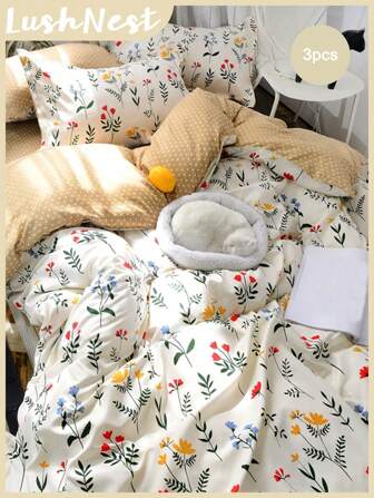 Ensemble de couette florale Style Campagne Ensemble de literie 3 pièces Beige Super Doux Respirant Microfibre Couette 1 Couette avec Fermeture Éclair 2 Taies d'oreiller Sans Couette Cadeaux Pour Femmes Et Hommes