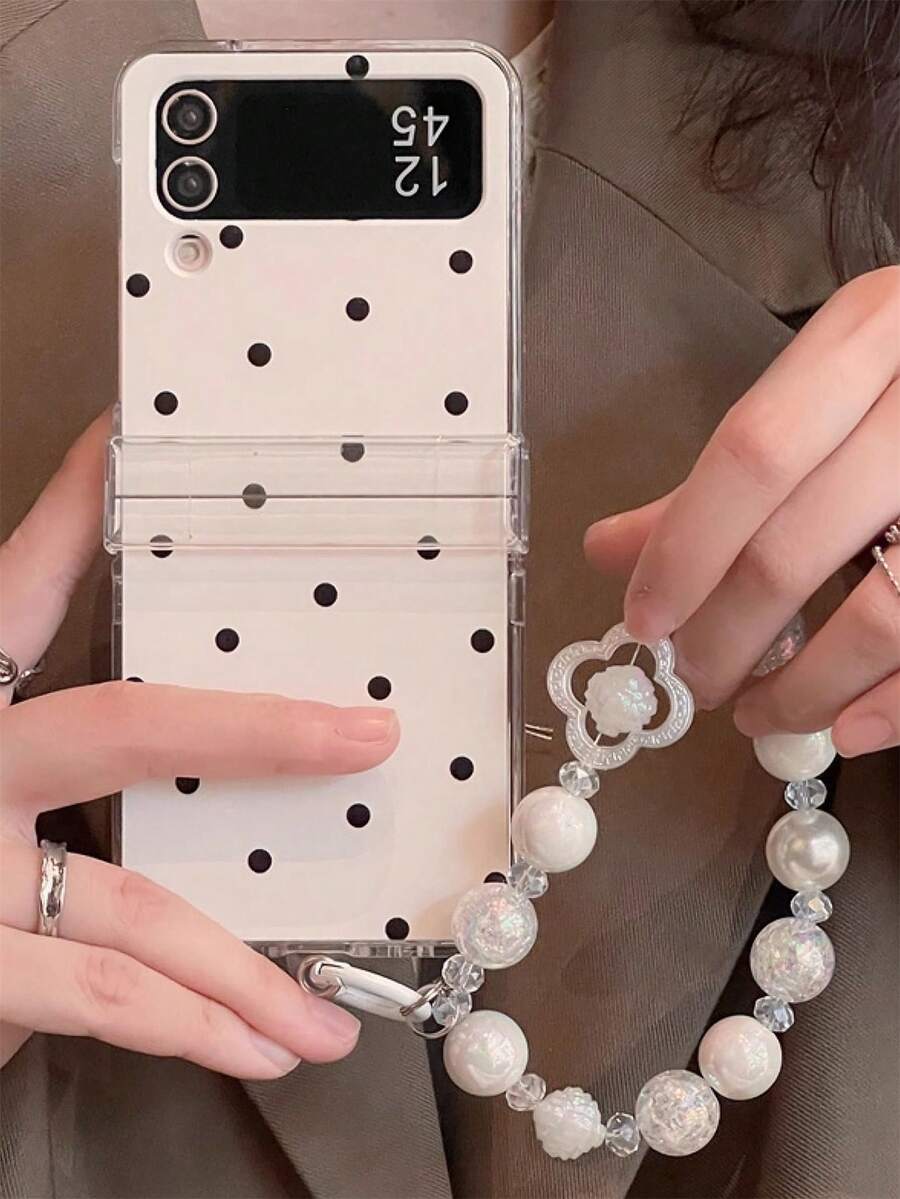 时尚可爱黑色波点白色亮面折叠手机壳，带激光珠链，兼容三星 Galaxy Z Flip7 Flip6 Flip5 4 3 5G，简约创意保护后盖