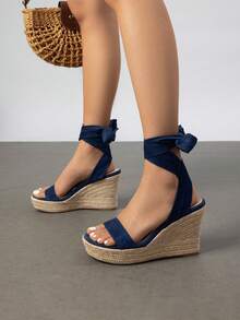 Womens Open Toe Espadrilles Wedges Tie Lace Up Cute Ankle Strap Platform Sandals Dressy Shoes - Màu xanh hải quân - Xem 6
