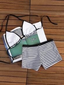 新款女士黑白条纹印花露背系带修身短裤性感简约比基尼套装 - 黑與白 - 查看 6