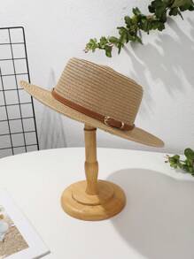 قبعة قش بوهيمية بإبزيم جلد بني محدب مسطح، مناسبة للاستخدام الخارجي في الصيف والسفر والعطلات