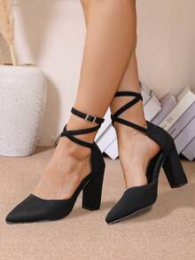 Sandalias romanas con cordones y tacón de bloque de 9 cm de color negro para mujer, con punta puntiaguda y aspecto estilizado, adecuadas para ocasiones diarias y de citas. - Negro - Ver 2