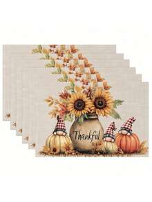 4/6 peças de caminho de mesa de Ação de Graças de outono, capa de mesa de poliéster reutilizável e lavável à máquina com abóbora, folha de bordo, girassol e design "Olá Outono" para decoração sazonal de jantar em casa