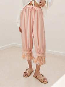 Women Lace Trim Bloomers Casual Elastic Mid Rise Ruffle Cropped Pants Loose Slips Trousers Comfort Bottoms - 香檳色 - 查看 2