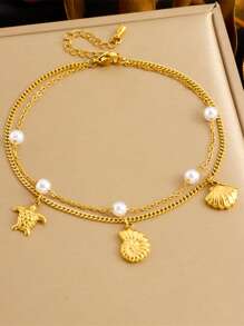 1 件优雅贝壳心形蝴蝶吊坠女士双层珍珠脚链，时尚、闪亮、性感风格，夏季海滩脚链，珠宝礼物脚链，送给美丽女士的完美节日礼物